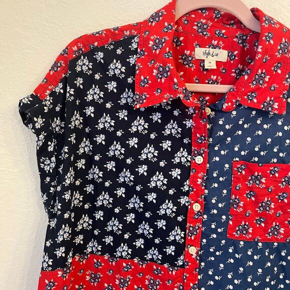 Style & Co Button Up Shirt Women’s 1X Cotton Red Blue Patchwork Ditsy Floral - Picture 5 of 12